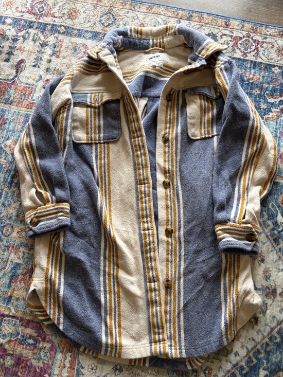aerie Jackets & Blazers - aerie Striped Shacket in Blue, Cream & Yellow